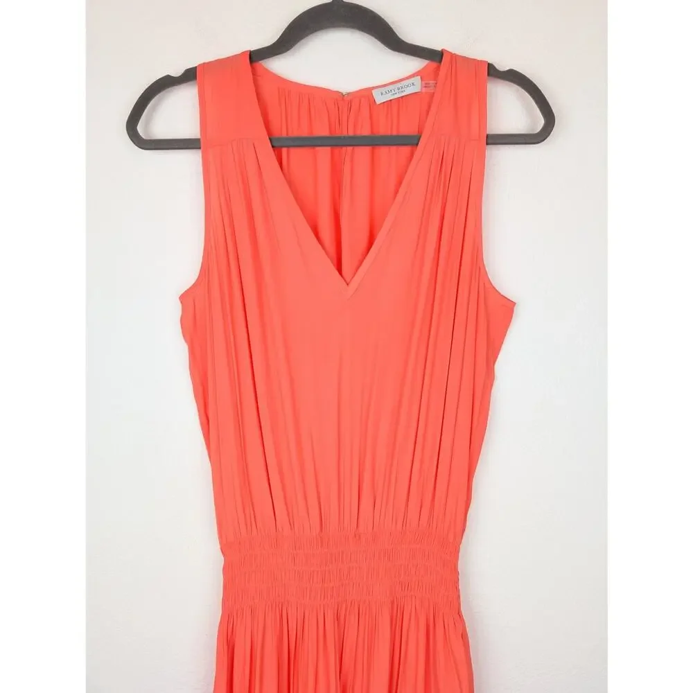Ramy Brook Edenn Midi Dress Tiered Smocked Boho Keyhole Coral Pink Orange Size S